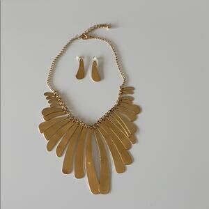 New SB Women Gold Tone Tusk Bar Dangles Chain Necklace Earing Jewelry Set 16"